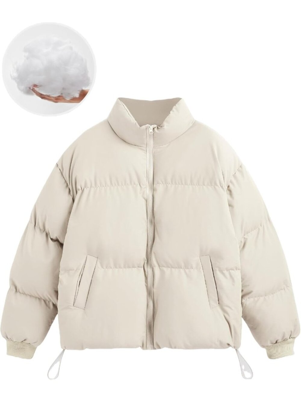 Women's Beige Quilted Puffer Jacket Cropped Baggy Zip Up Casual Warm Jackets